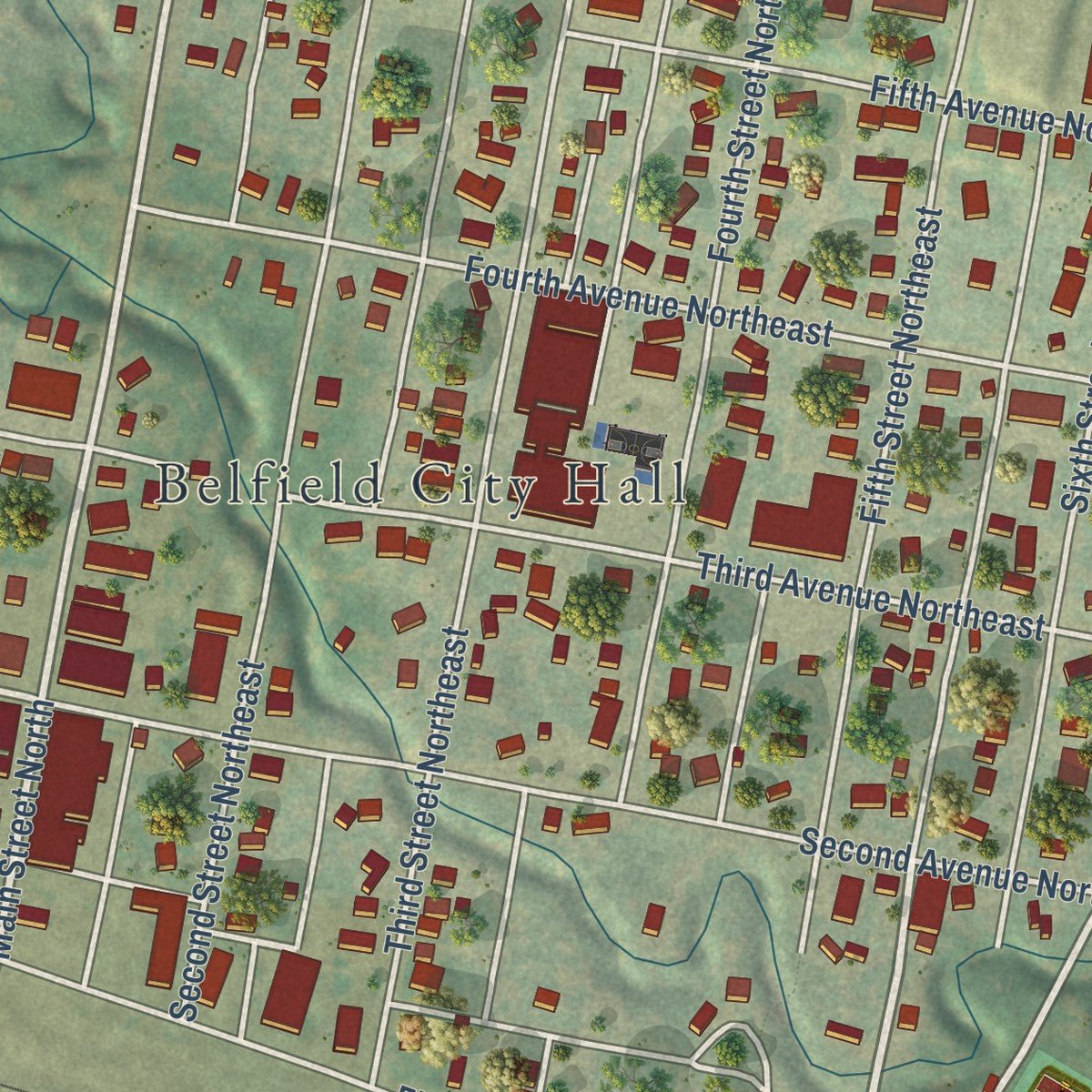 Close-up of the map of Belfield, North Dakota print showing street and building detail
