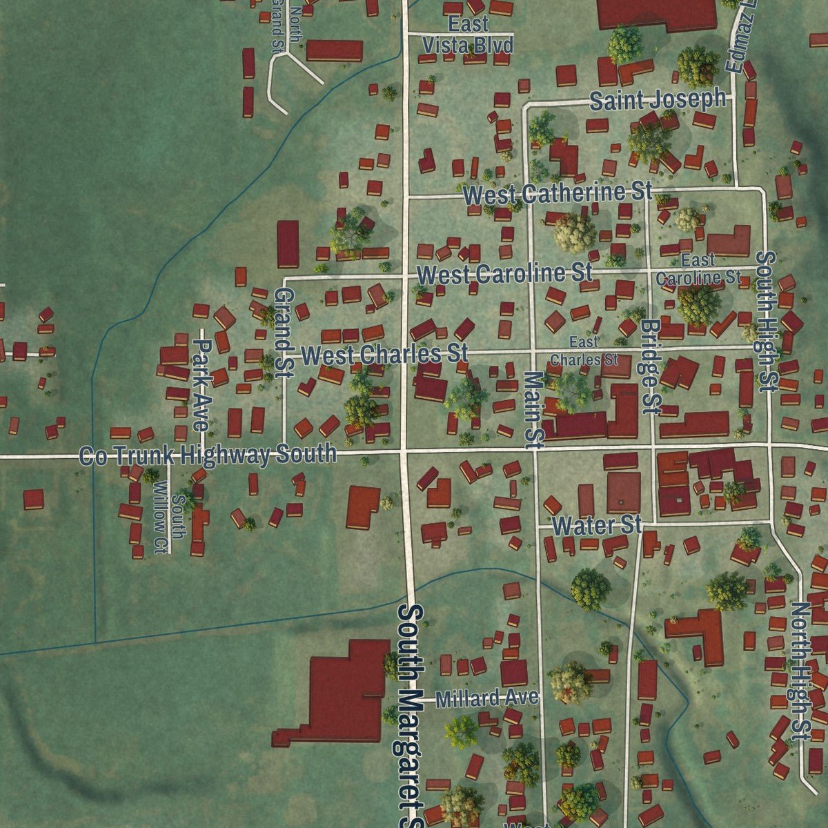 Close-up of the map of Markesan, Wisconsin print showing street and building detail