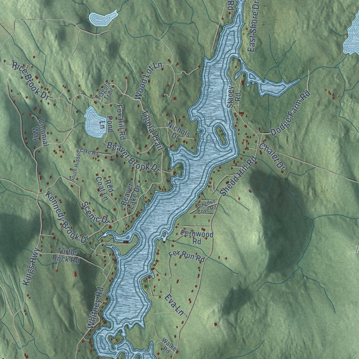 Close-up of the map of Stoddard, New Hampshire print showing street and building detail