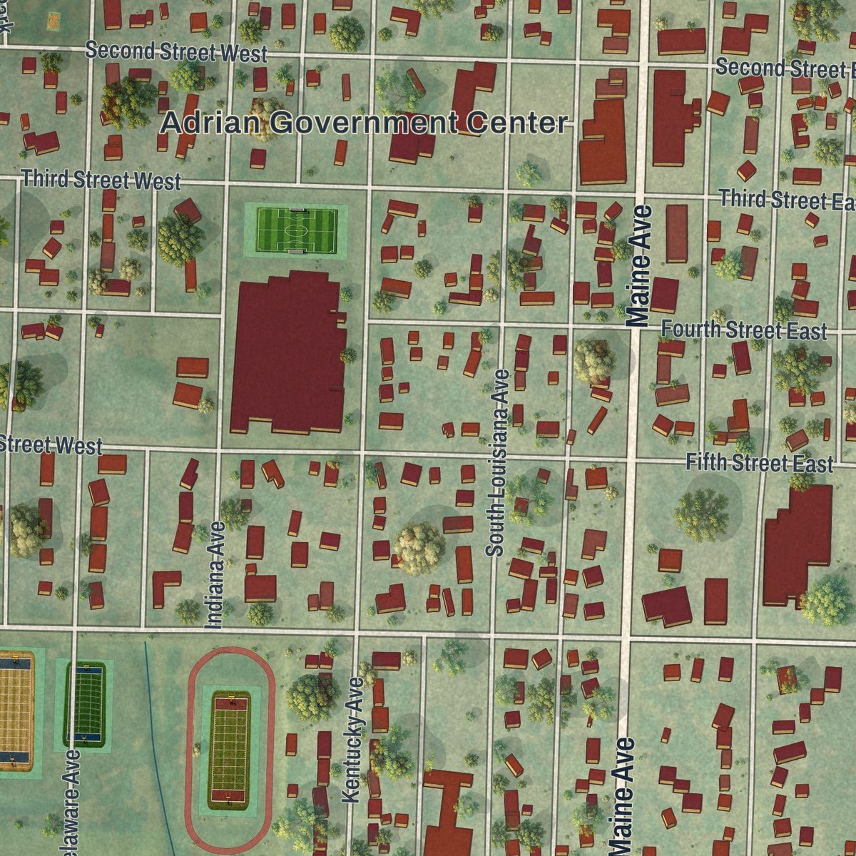 Close-up of the map of Adrian, Minnesota print showing street and building detail