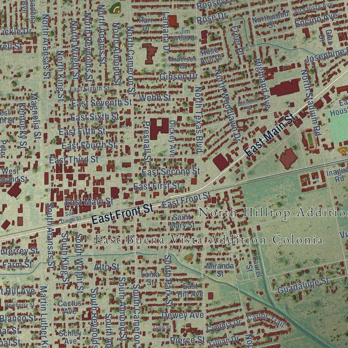 Close-up of the map of Alice, Texas print showing street and building detail