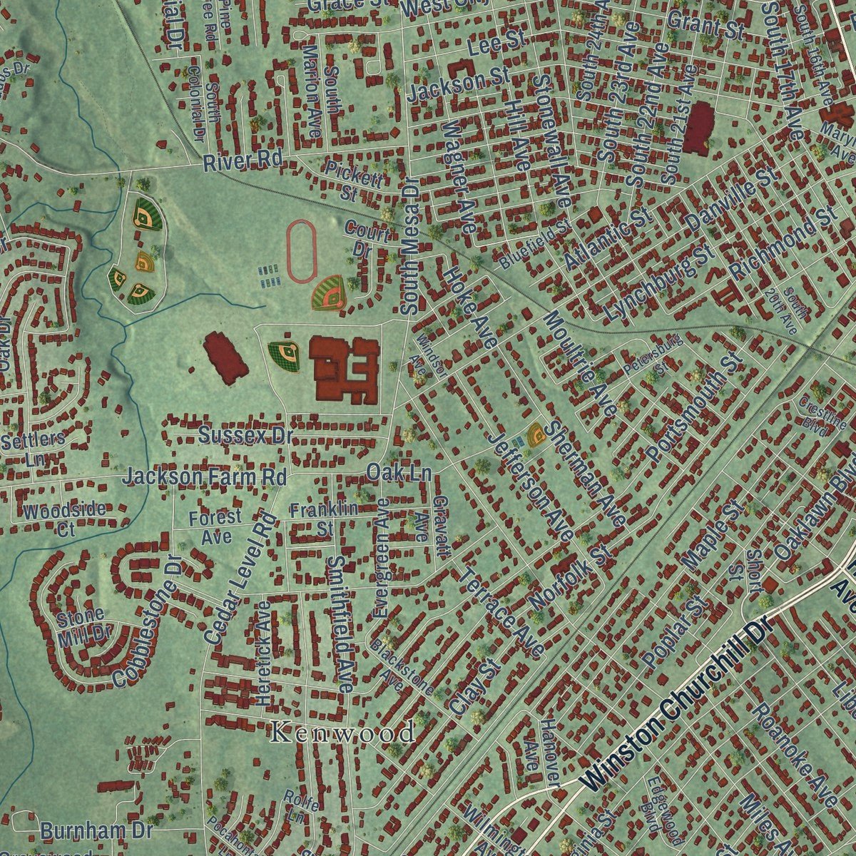 Close-up of the map of Hopewell, Virginia print showing street and building detail