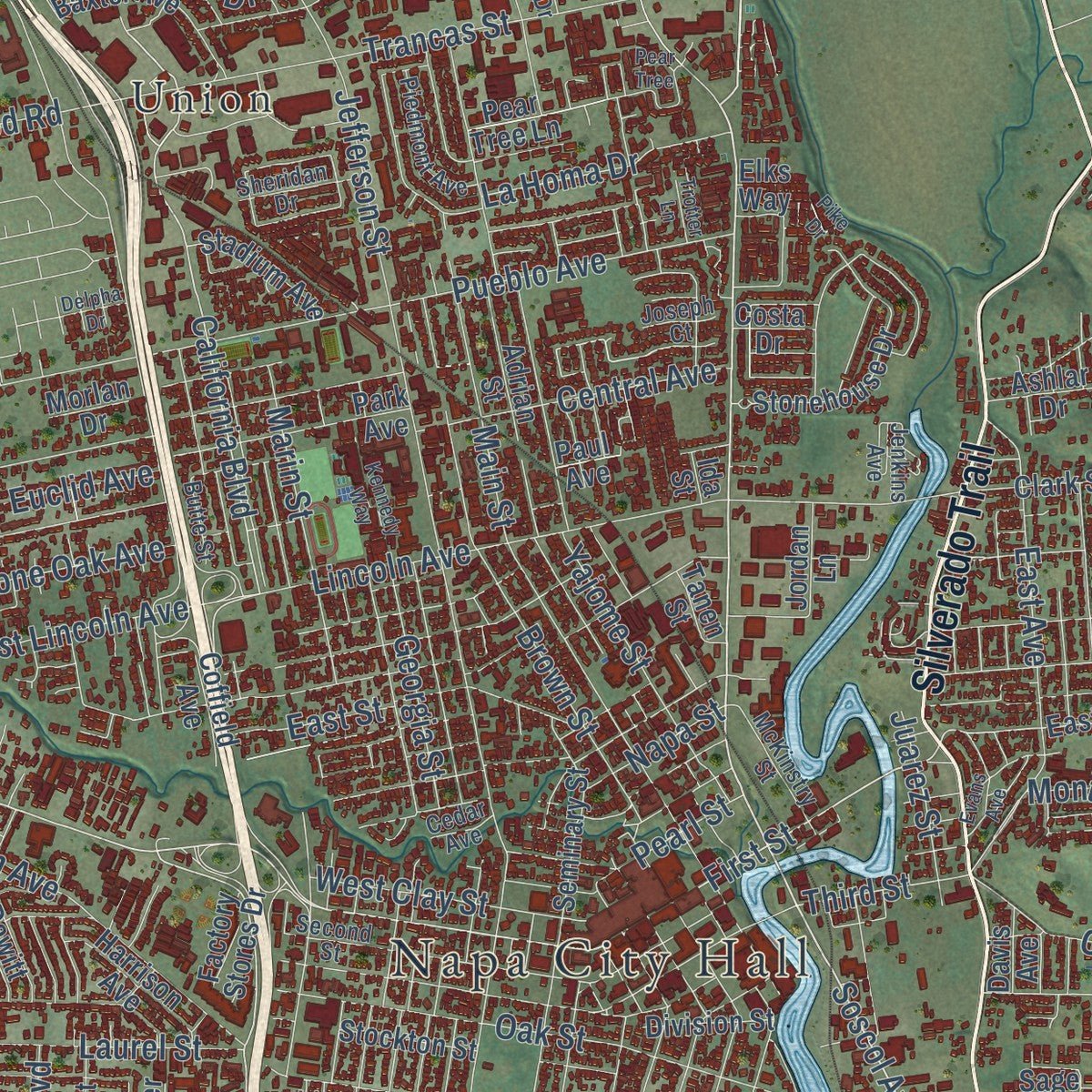 Close-up of the map of Napa, California print showing street and building detail