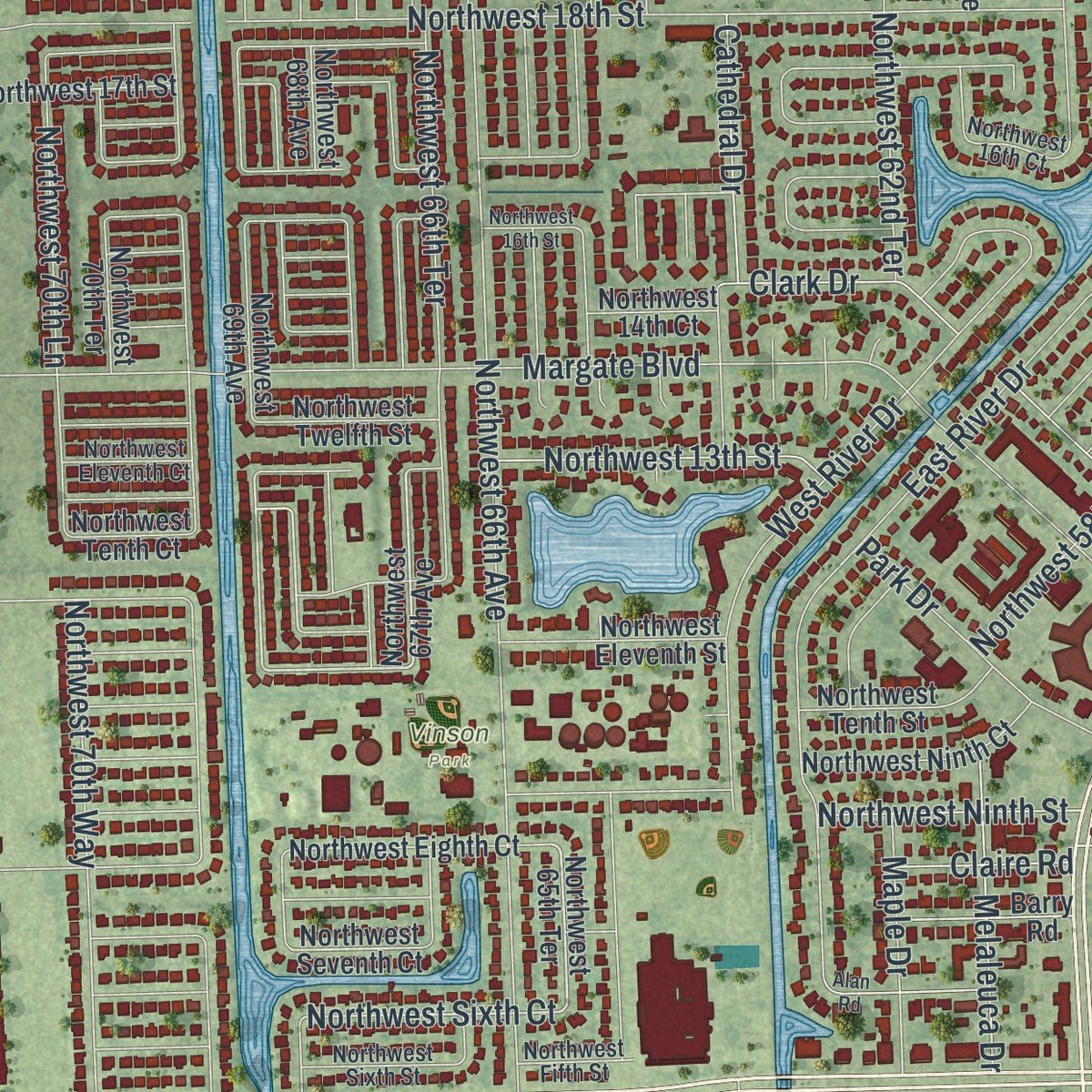 Close-up of the map of Margate, Florida print showing street and building detail