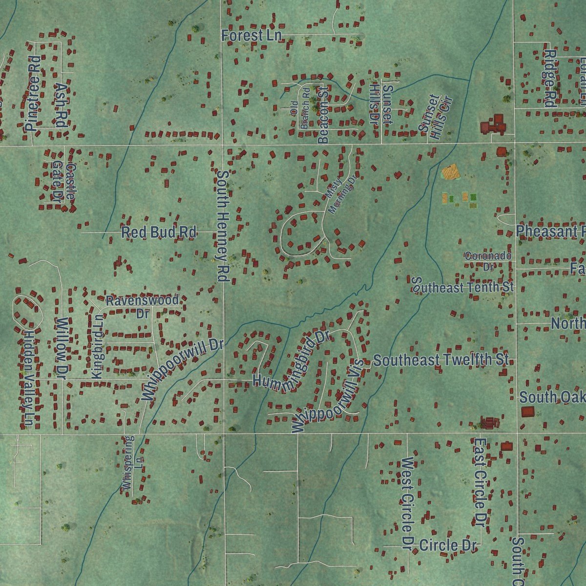 Close-up of the map of Choctaw, Oklahoma print showing street and building detail