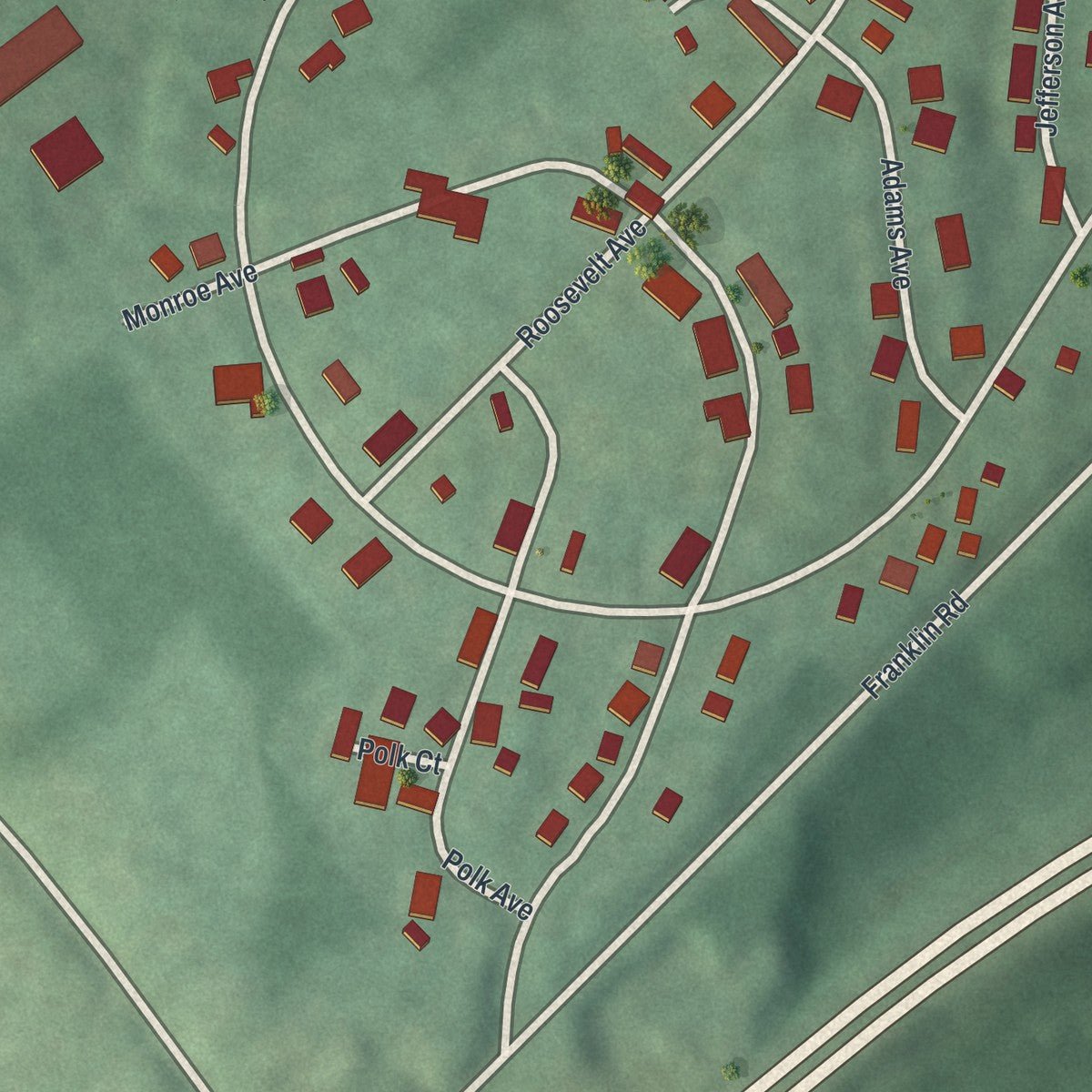 Close-up of the map of Victory Gardens, New Jersey print showing street and building detail