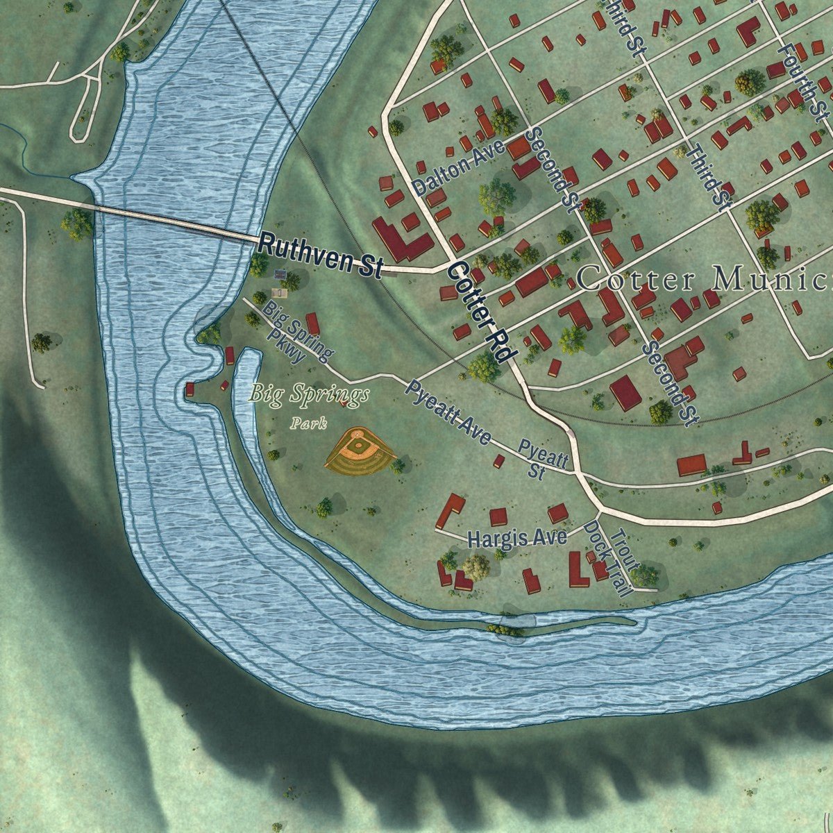 Close-up of the map of Cotter, Arkansas print showing street and building detail