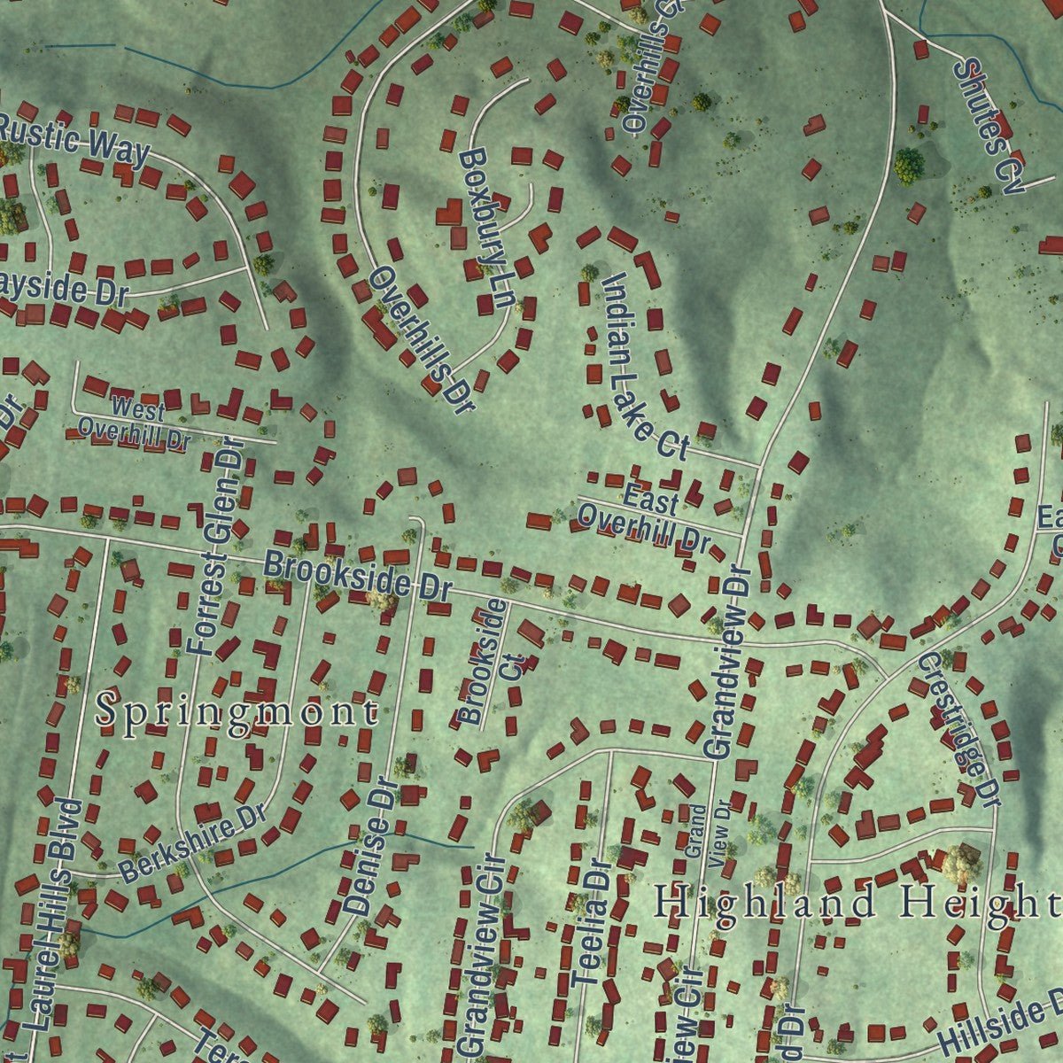 Close-up of the map of Green Hill, Tennessee print showing street and building detail