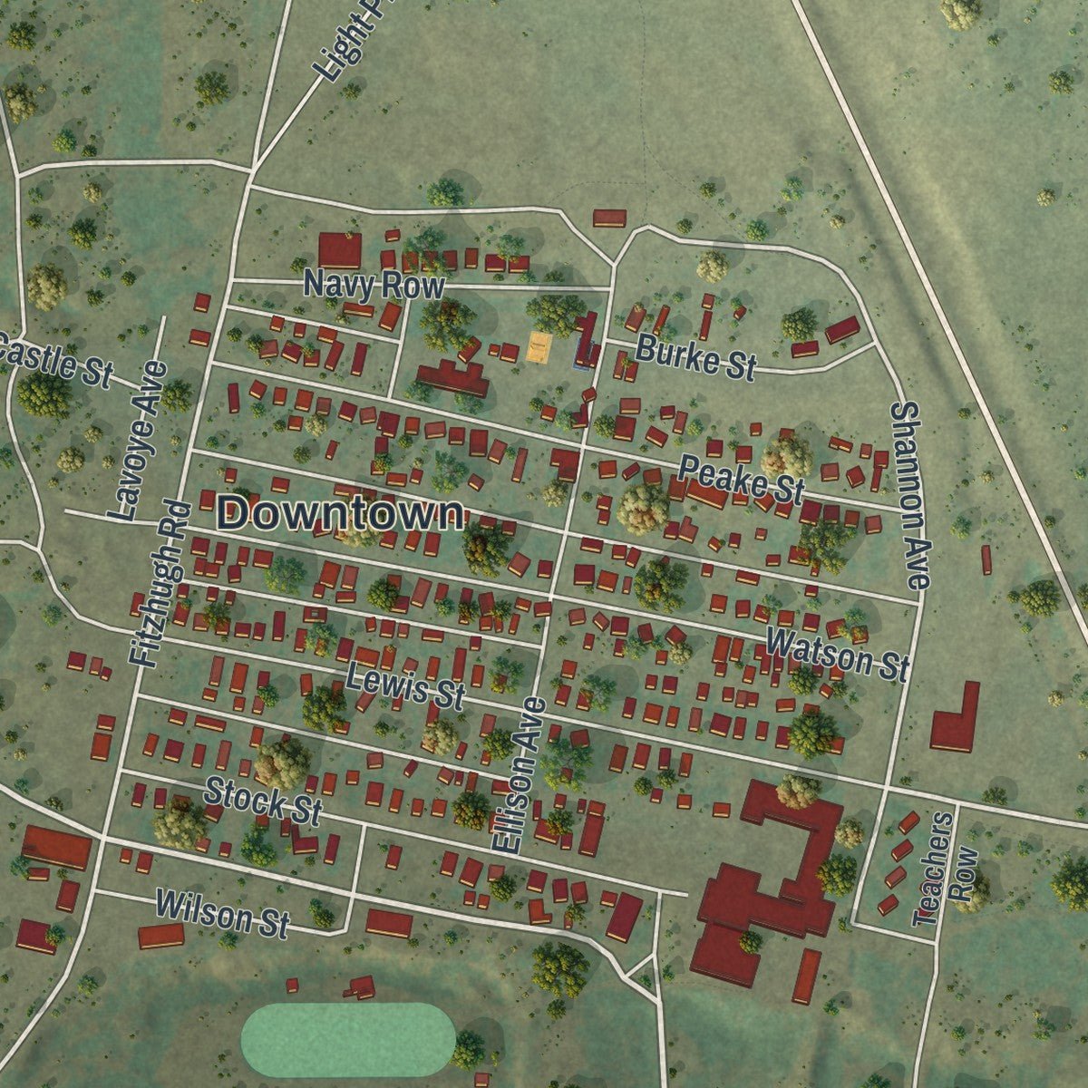 Close-up of the map of Midwest, Wyoming print showing street and building detail