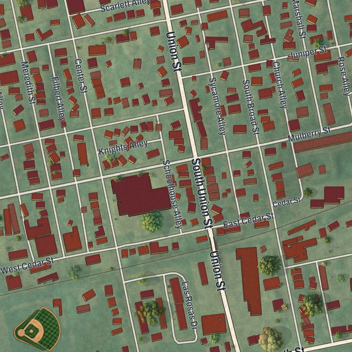 Close-up of the map of Kennett Square, Pennsylvania print showing street and building detail