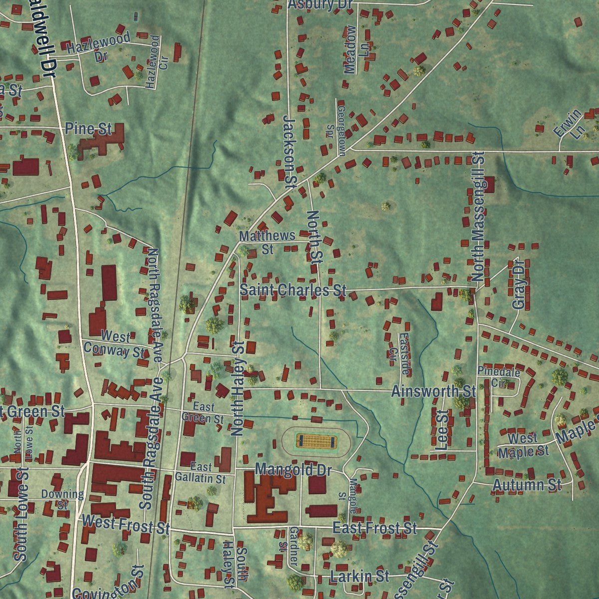 Close-up of the map of Hazlehurst, Mississippi print showing street and building detail