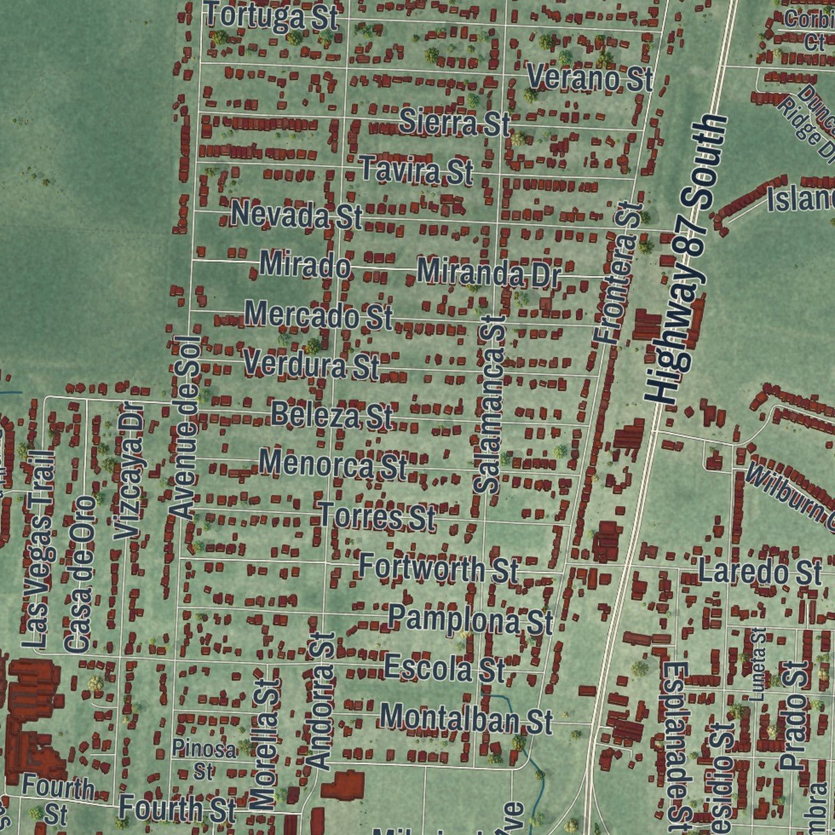 Close-up of the map of Navarre, Florida print showing street and building detail