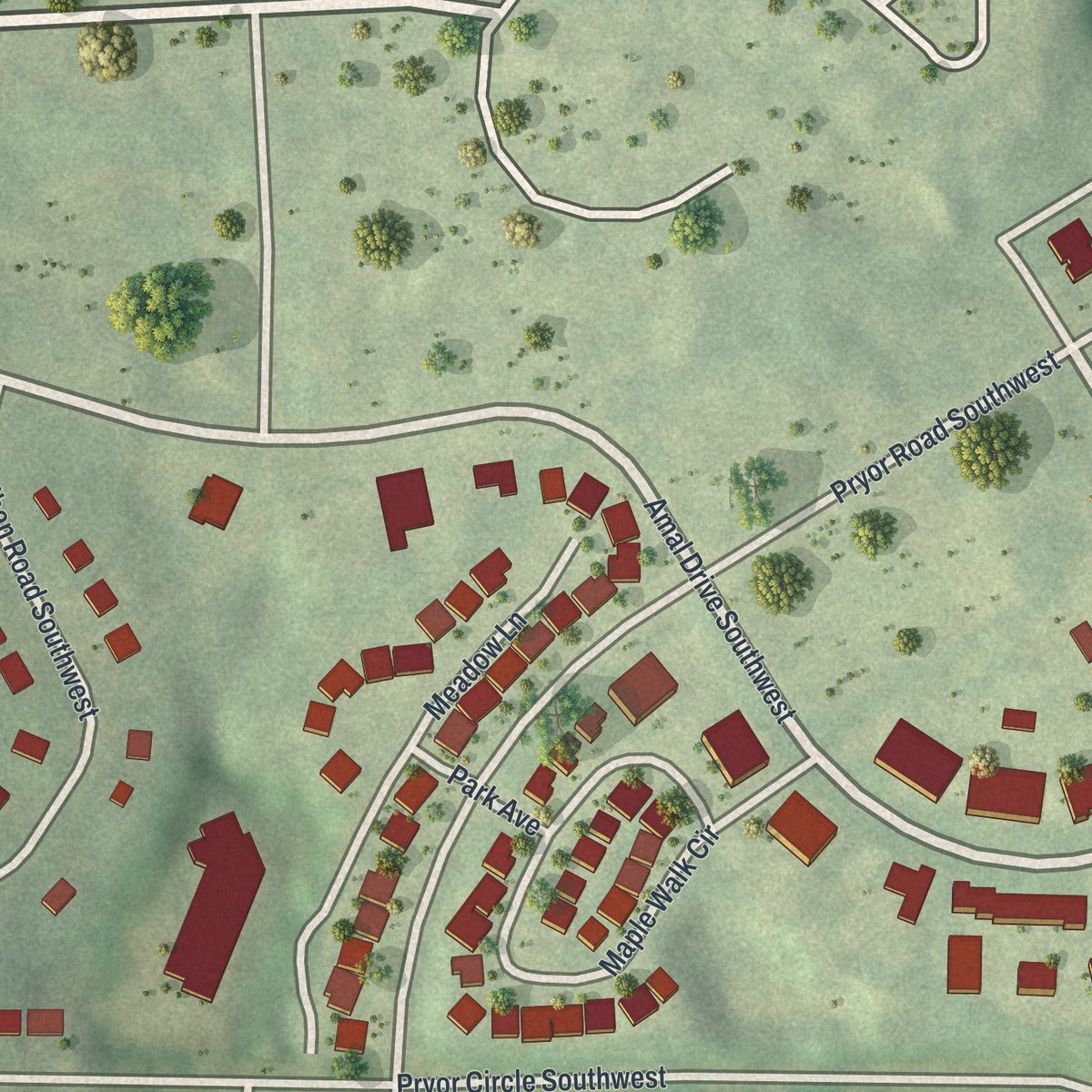 Close-up of the map of Betmar LaVilla, Georgia print showing street and building detail