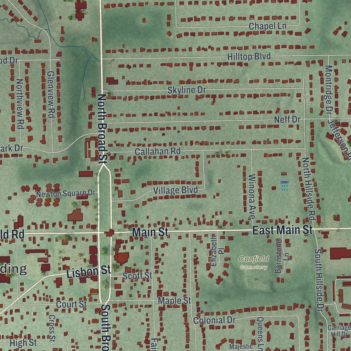 Close-up of the map of Canfield, Ohio print showing street and building detail