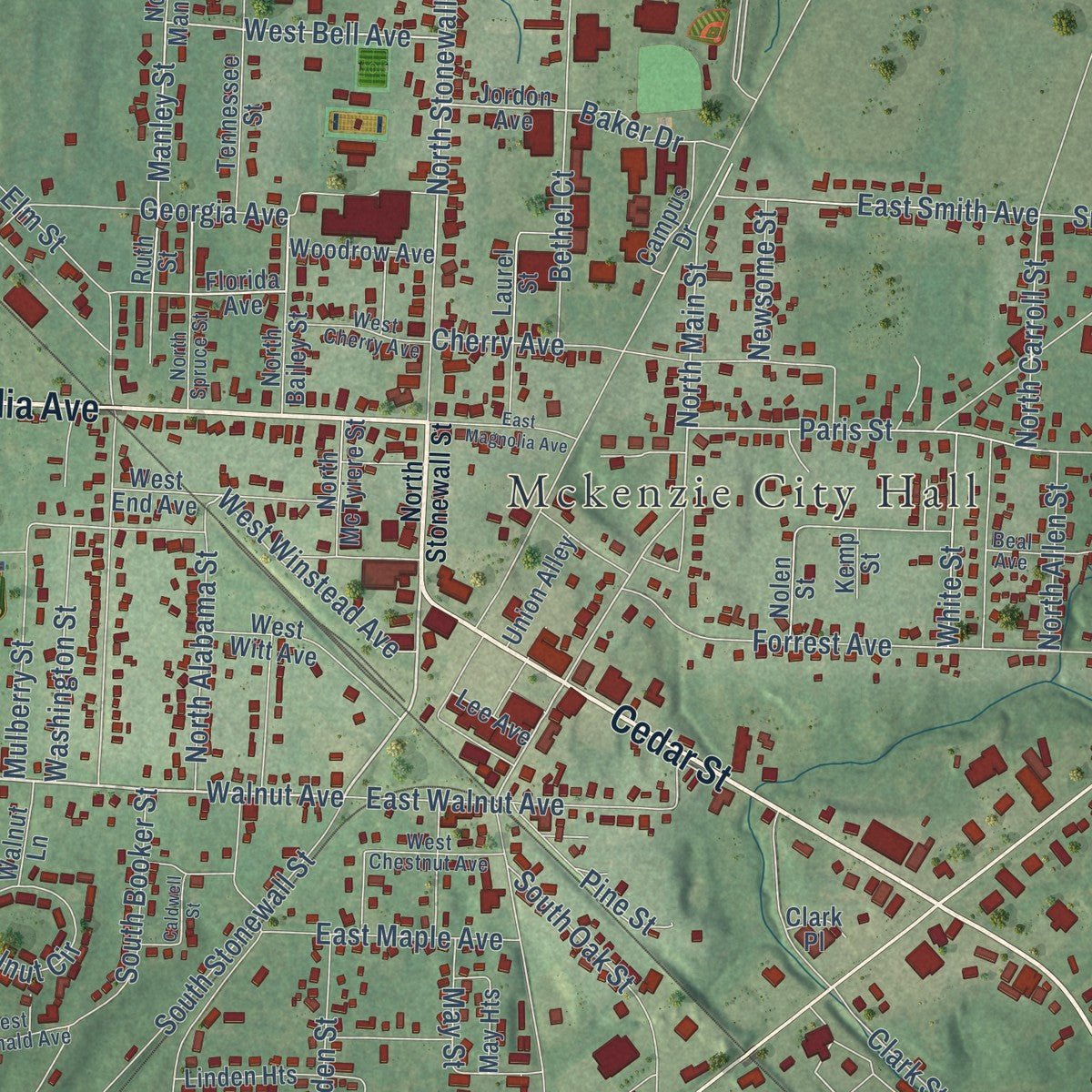 Close-up of the map of McKenzie, Tennessee print showing street and building detail