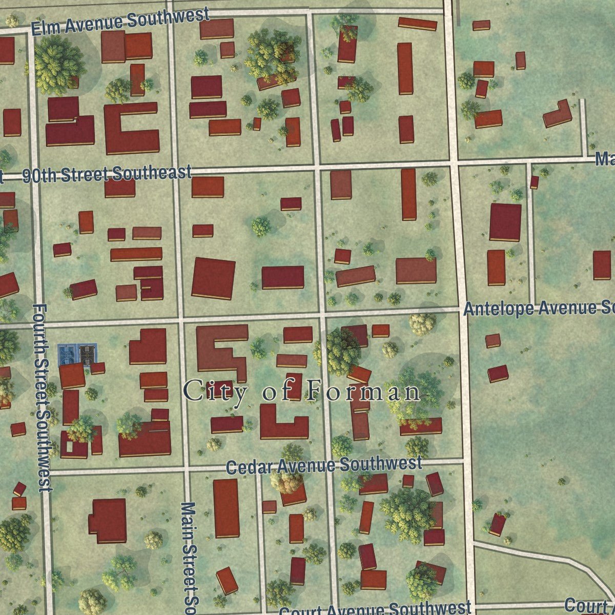 Close-up of the map of Forman, North Dakota print showing street and building detail
