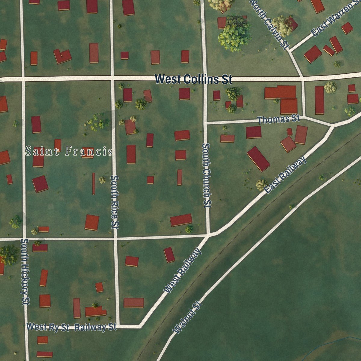 Close-up of the map of St. Francis, Arkansas print showing street and building detail