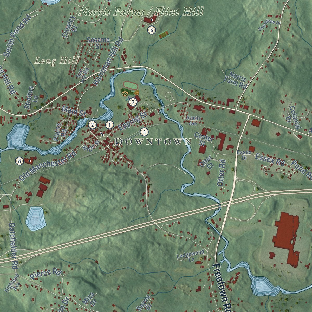 Close-up of the map of Raymond, New Hampshire print showing street and building detail