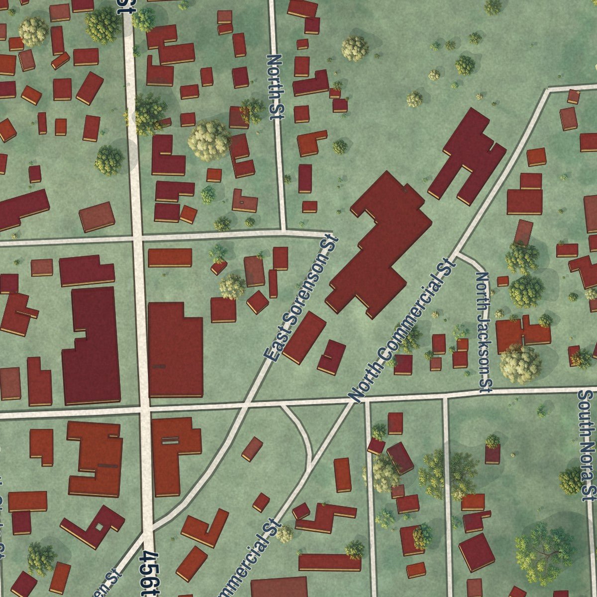 Close-up of the map of Viborg, South Dakota print showing street and building detail