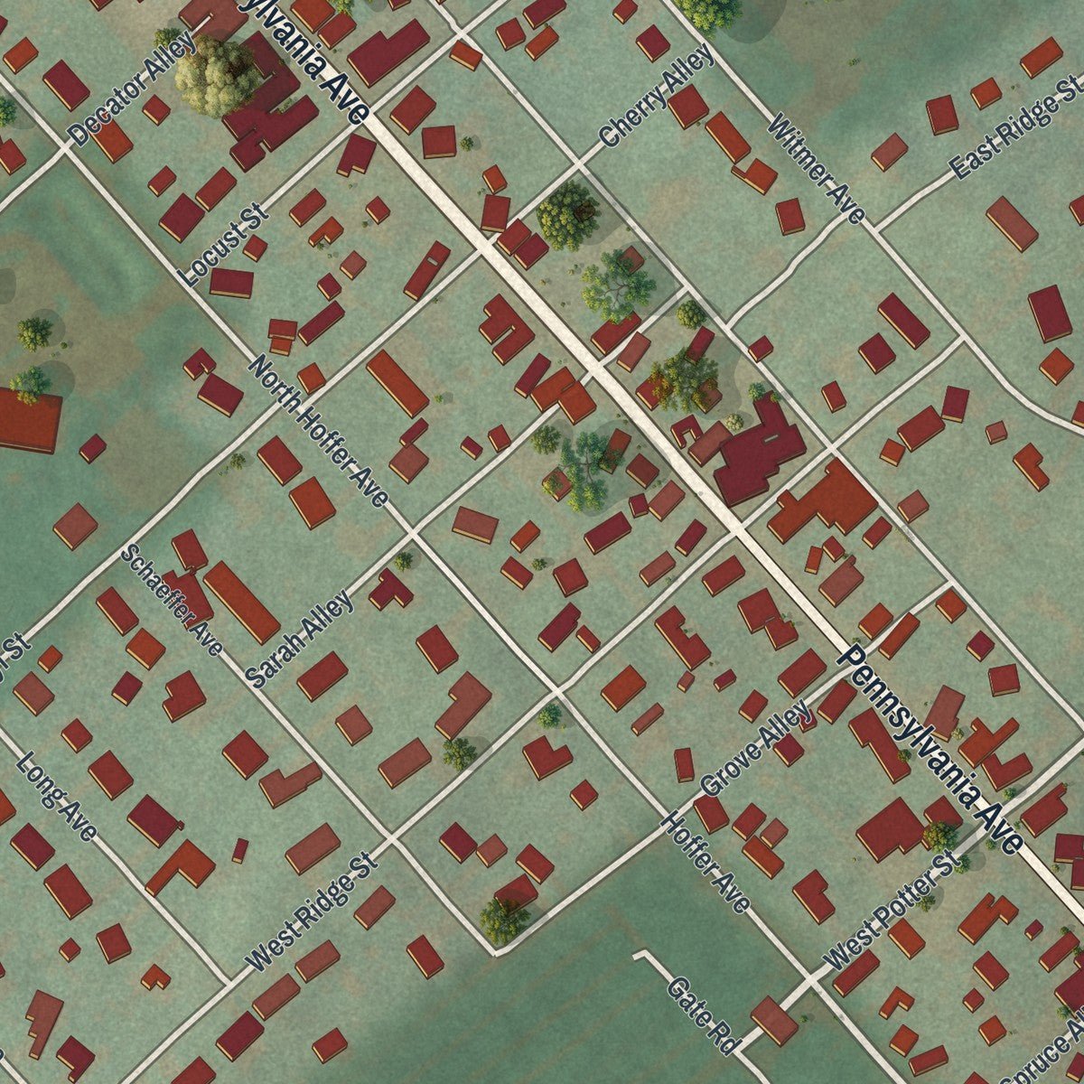 Close-up of the map of Centre Hall, Pennsylvania print showing street and building detail