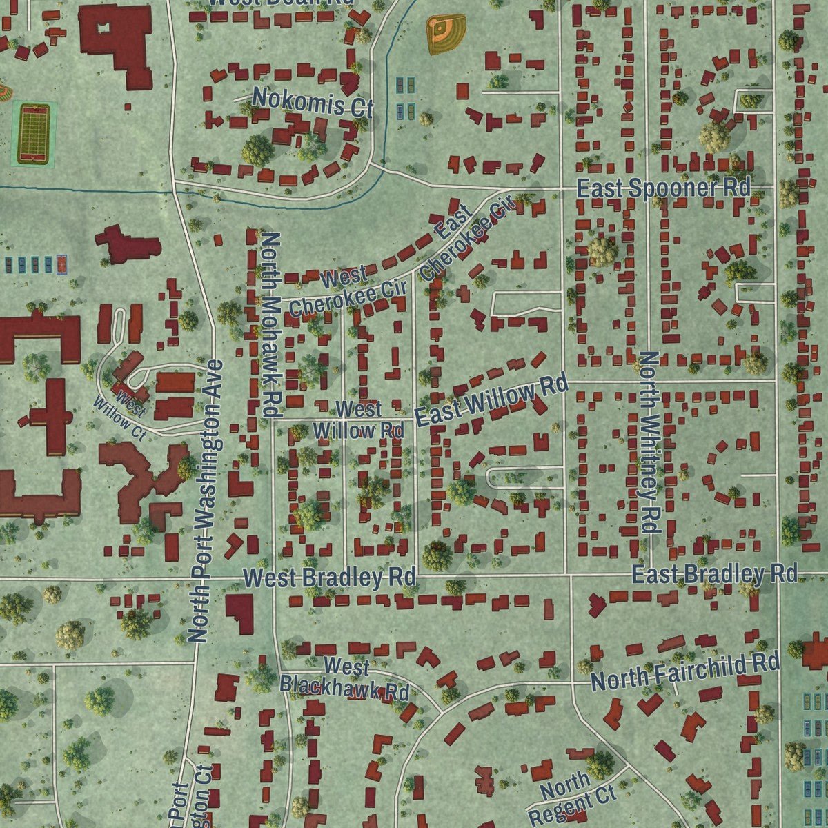 Close-up of the map of Fox Point, Wisconsin print showing street and building detail