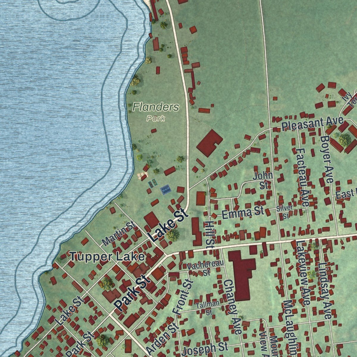 Close-up of the map of the Village of Tupper Lake, New York print showing street and building detail
