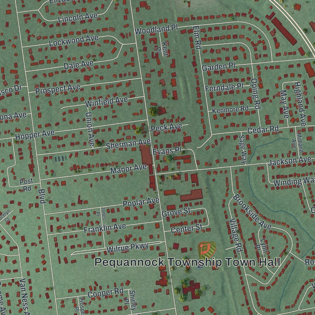 Close-up of the map of Pompton Plains, New Jersey print showing street and building detail