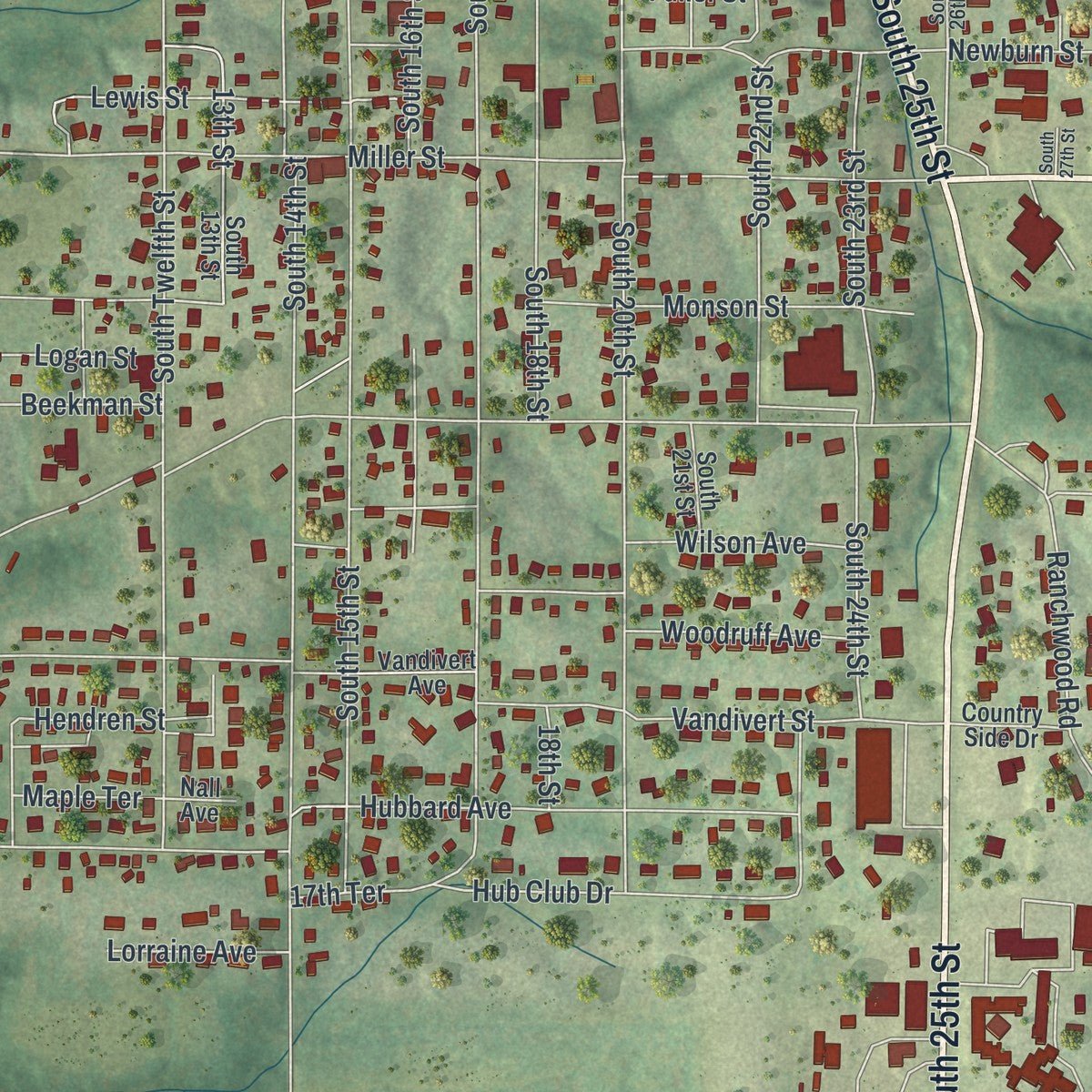 Close-up of the map of Bethany, Missouri print showing street and building detail