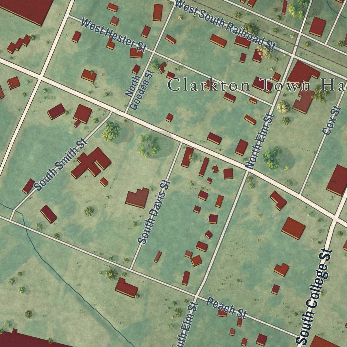 Close-up of the map of Clarkton, North Carolina print showing street and building detail