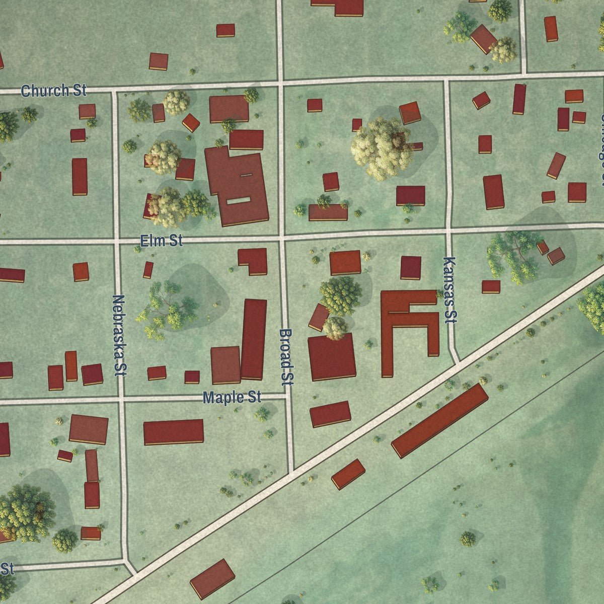 Close-up of the map of Jansen, Nebraska print showing street and building detail