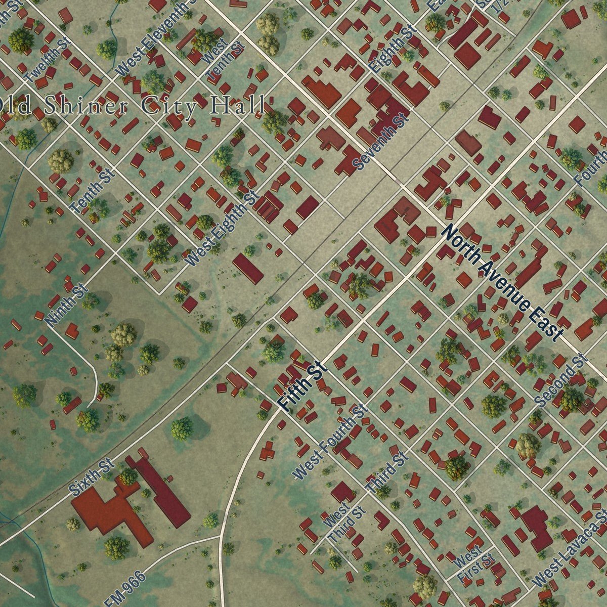 Close-up of the map of Shiner, Texas print showing street and building detail