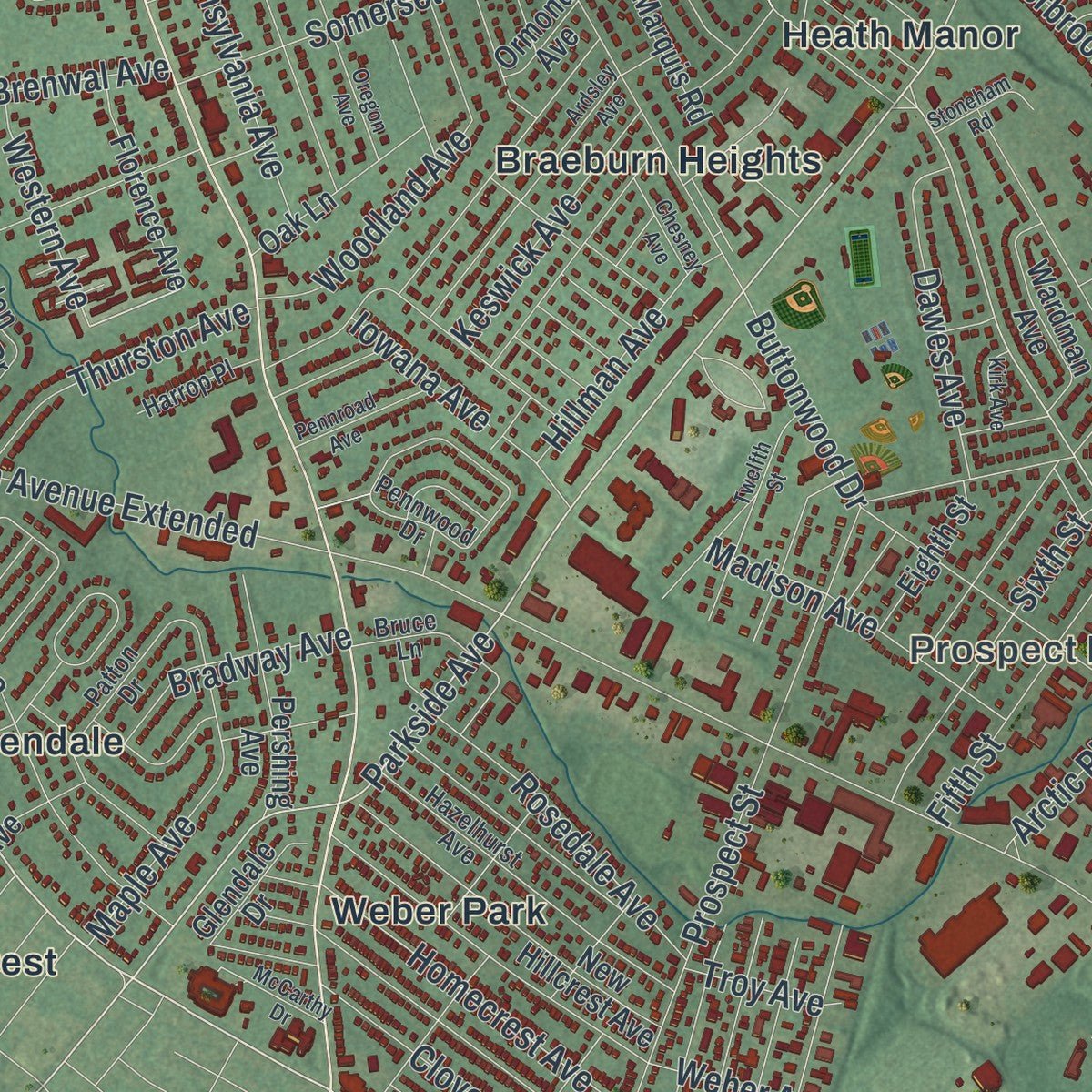 Close-up of the map of Ewing, New Jersey print showing street and building detail
