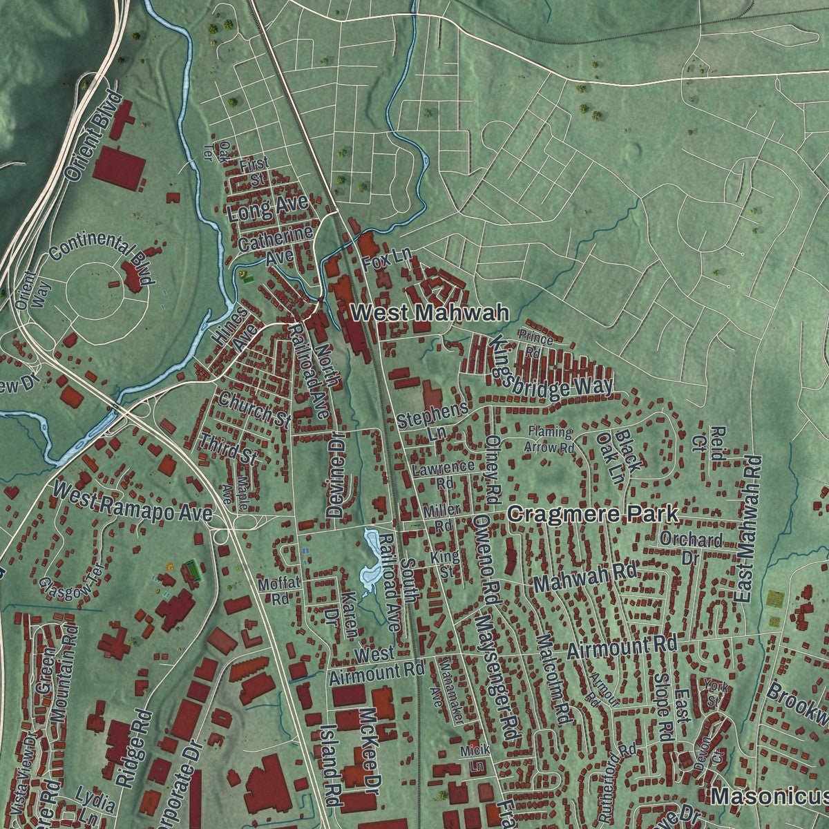 Close-up of the map of Mahwah, New Jersey print showing street and building detail