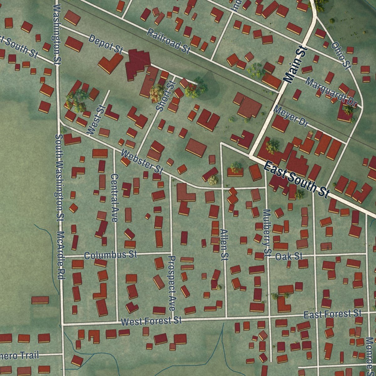 Close-up of the map of Monroeville, Indiana print showing street and building detail