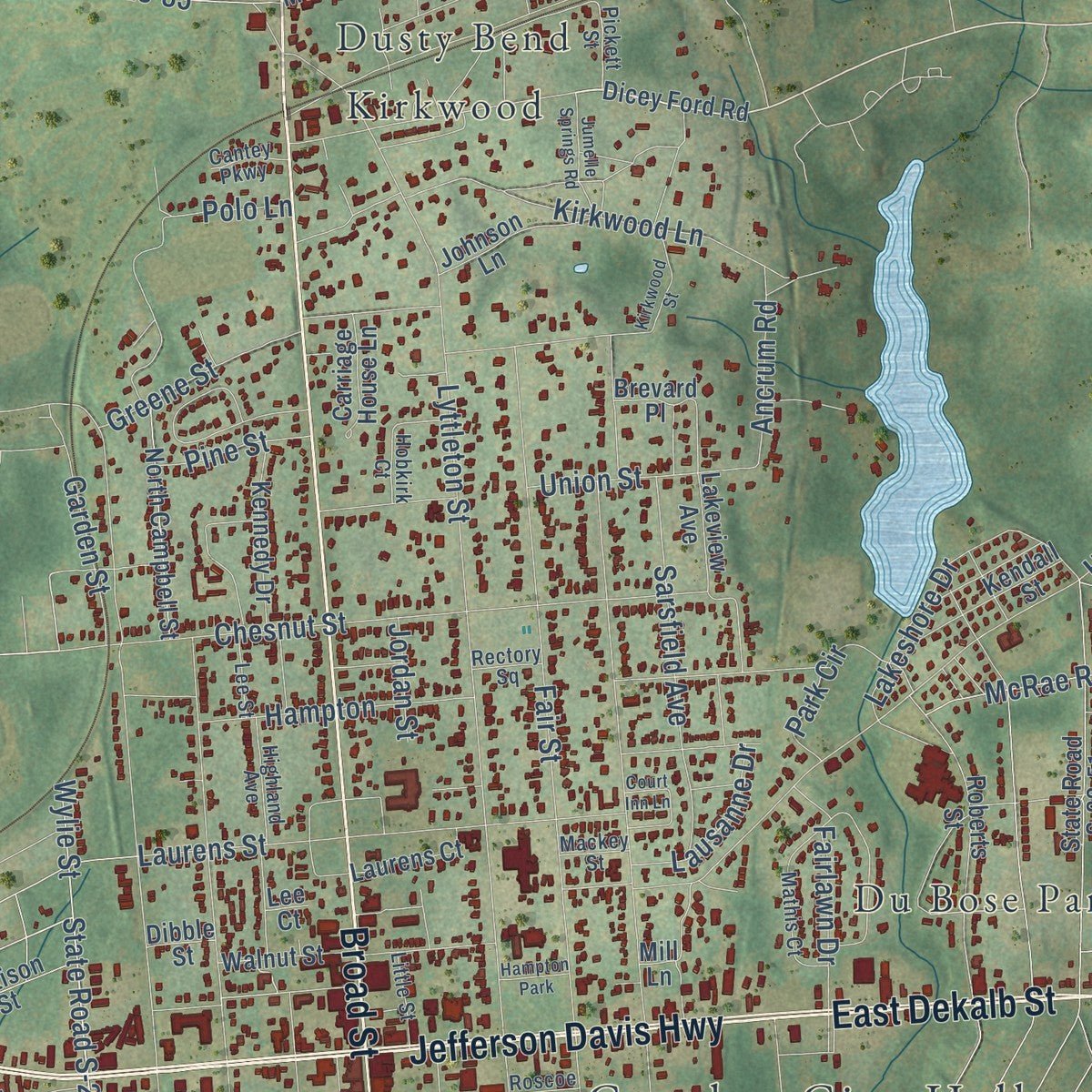 Close-up of the map of Camden, South Carolina print showing street and building detail