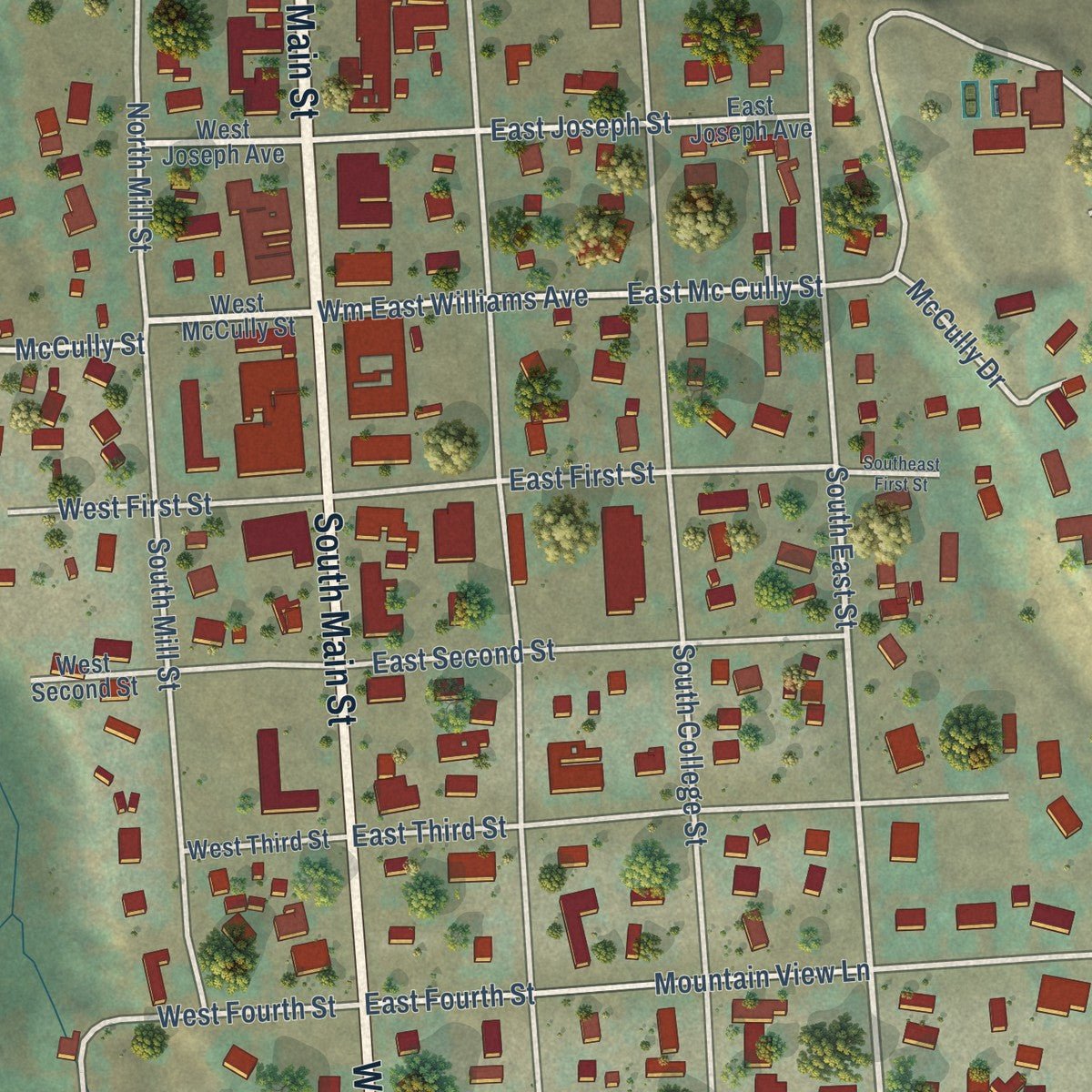 Close-up of the map of Joseph, Oregon print showing street and building detail