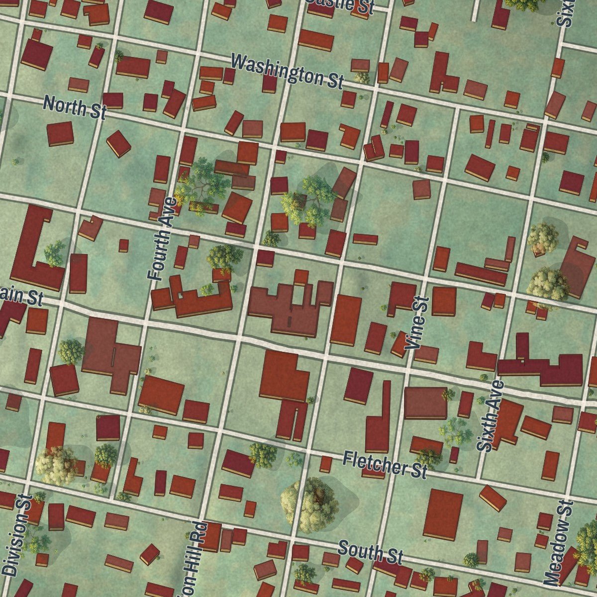 Close-up of the map of Berlin, Somerset County, Pennsylvania print showing street and building detail
