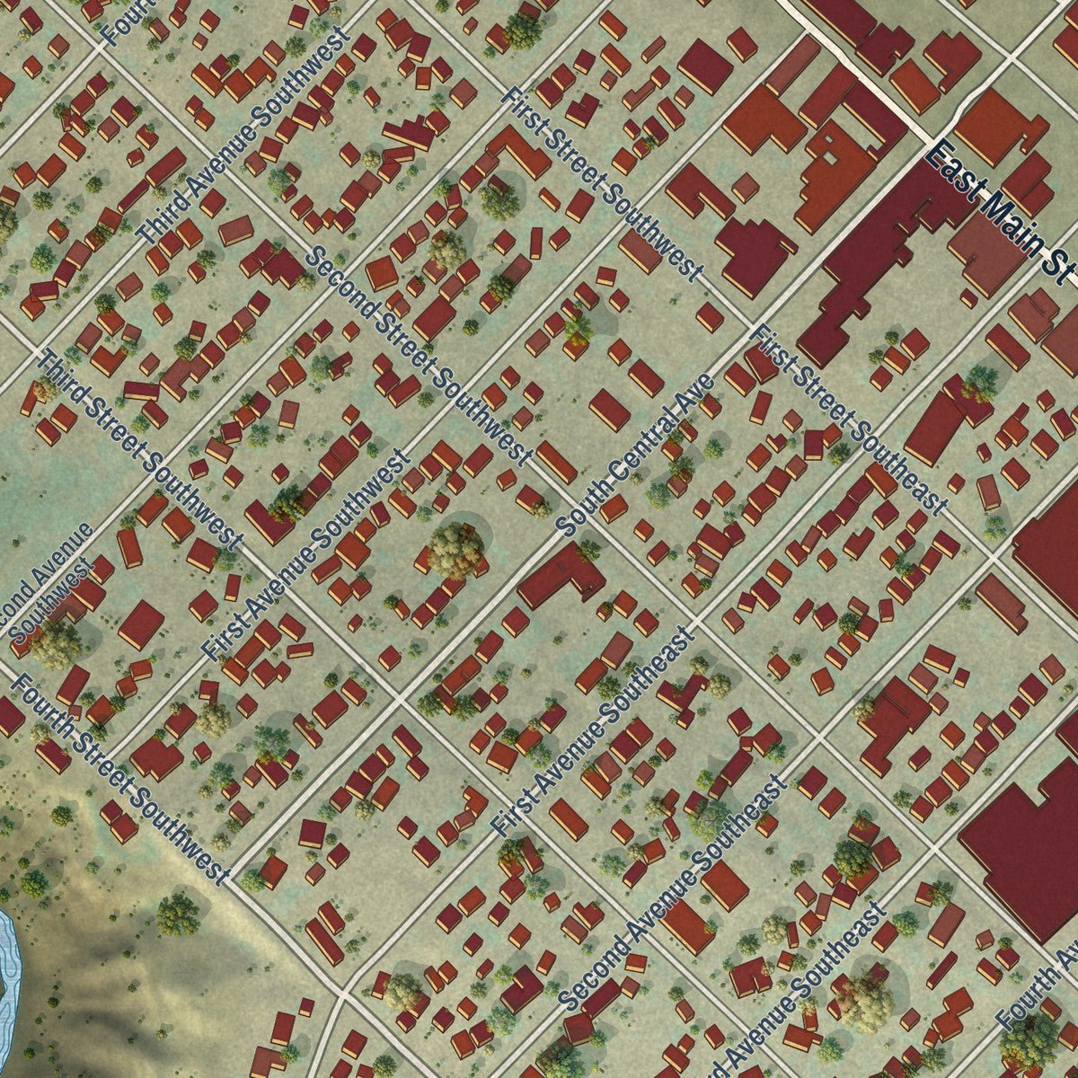 Close-up of the map of Cut Bank, Montana print showing street and building detail
