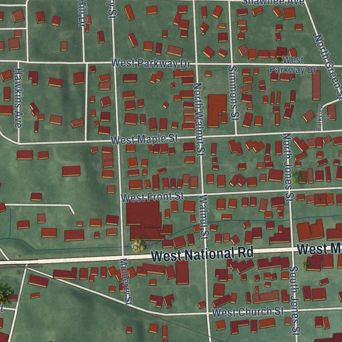 Close-up of the map of Cambridge City, Indiana print showing street and building detail