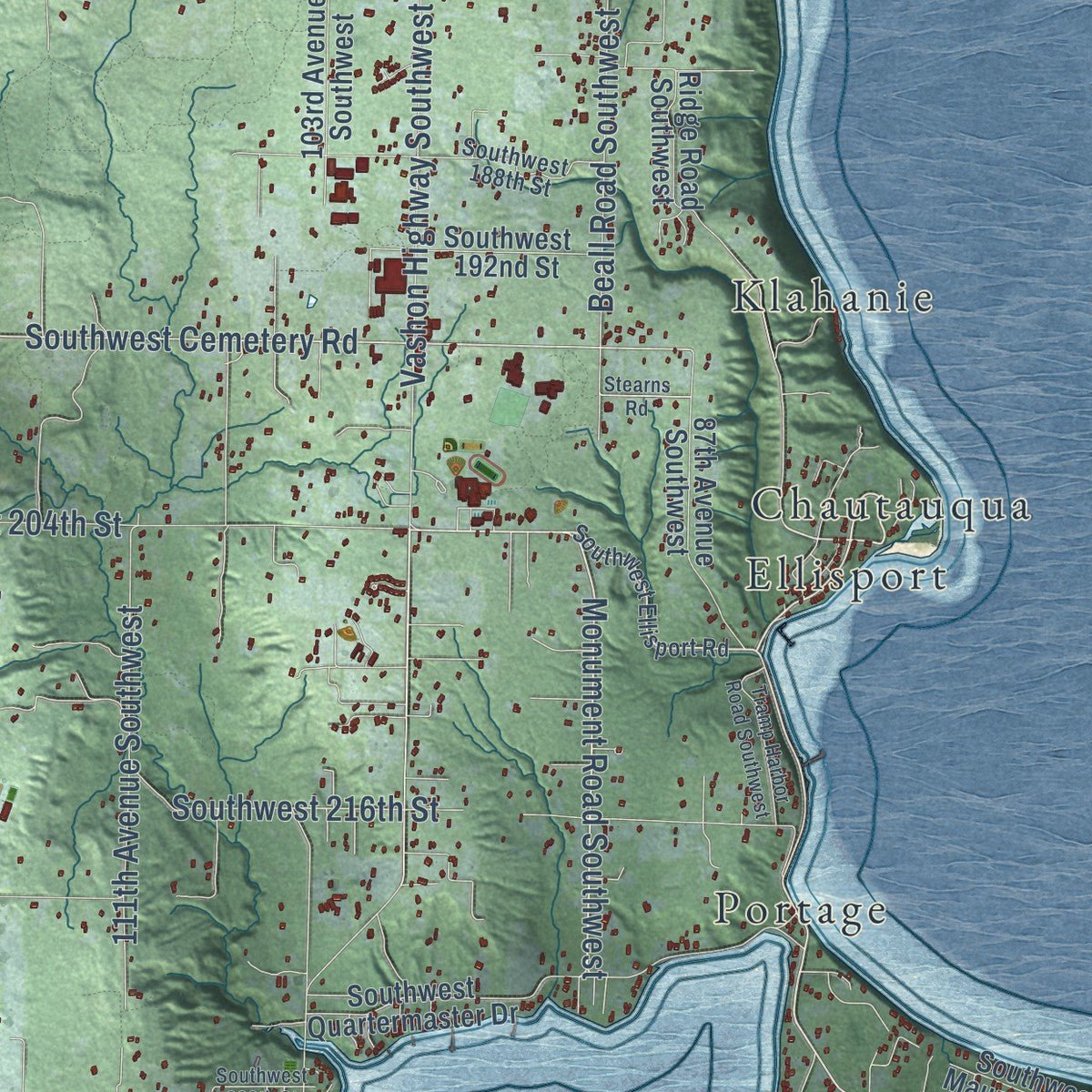 Close-up of the map of Vashon, Washington print showing street and building detail