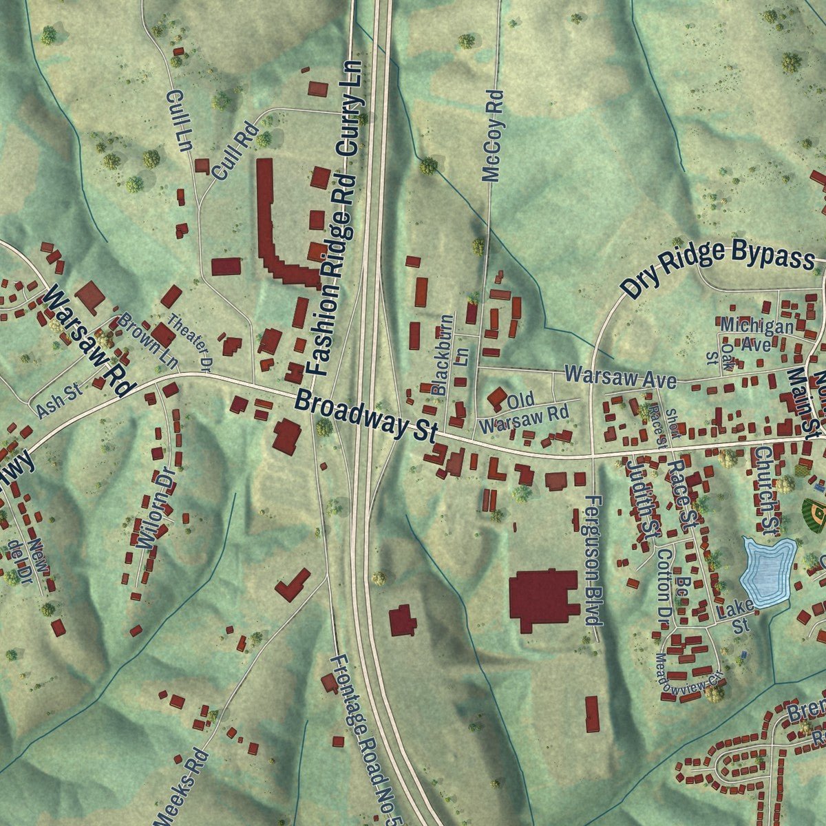 Close-up of the map of Dry Ridge, Kentucky print showing street and building detail