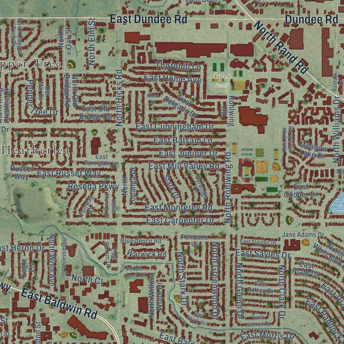 Close-up of the map of Palatine, Illinois print showing street and building detail