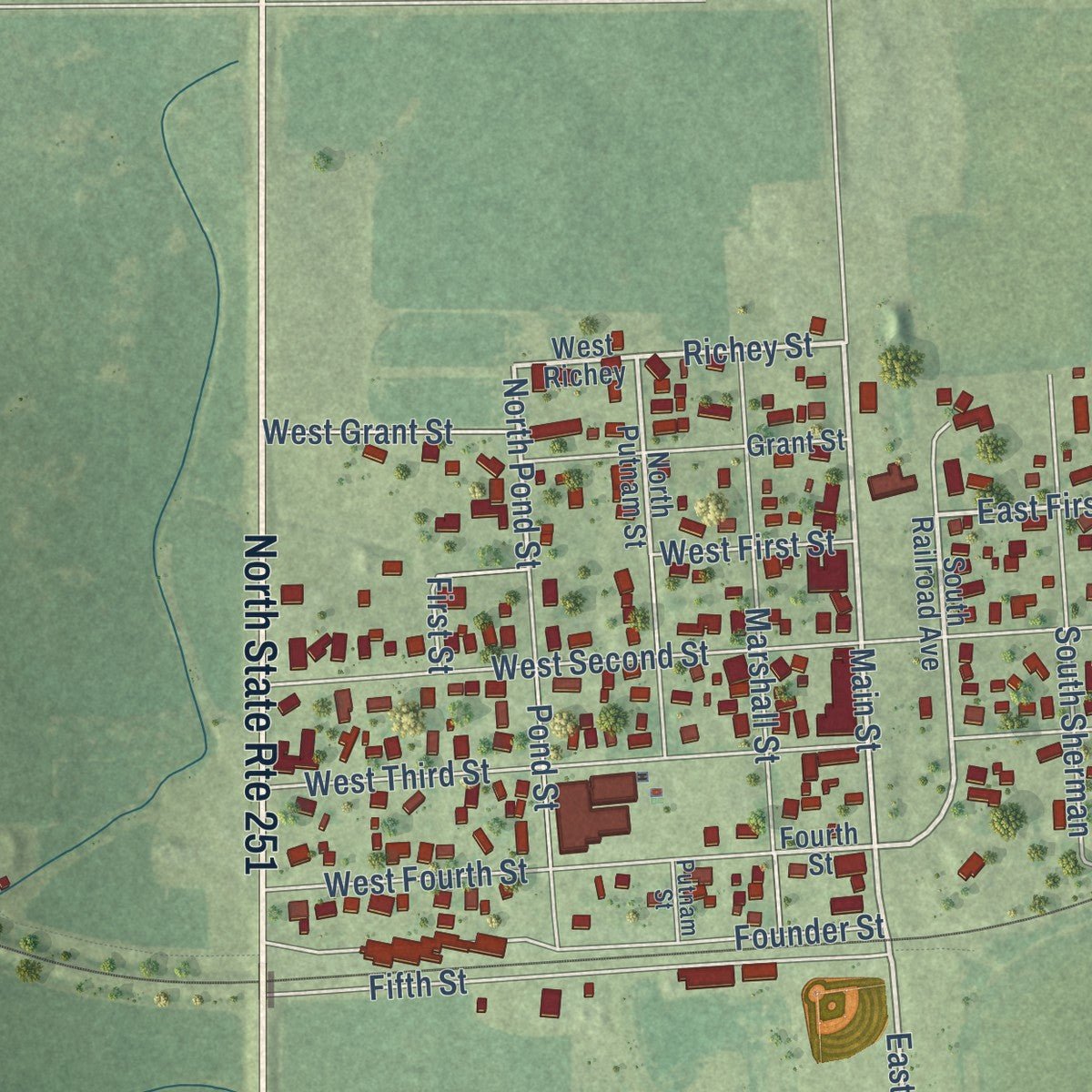 Close-up of the map of Lostant, Illinois print showing street and building detail