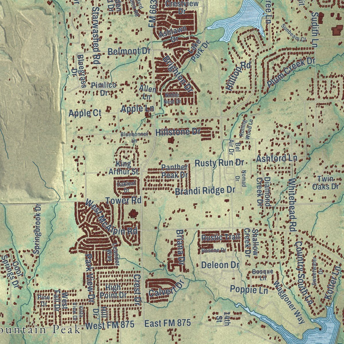 Close-up of the map of Midlothian, Texas print showing street and building detail