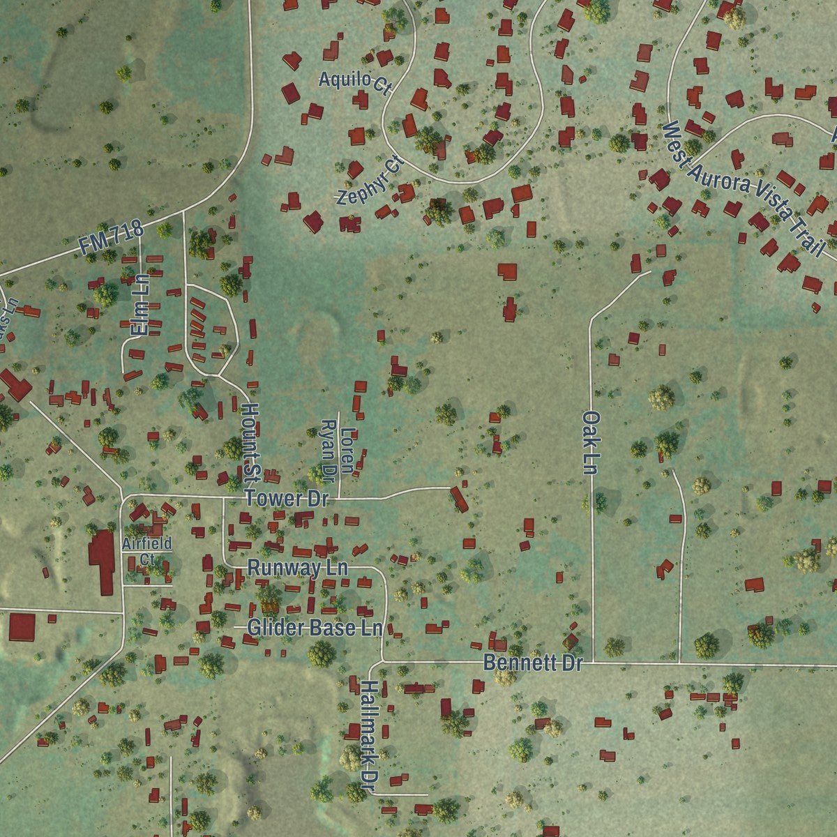 Close-up of the map of Aurora, Texas print showing street and building detail