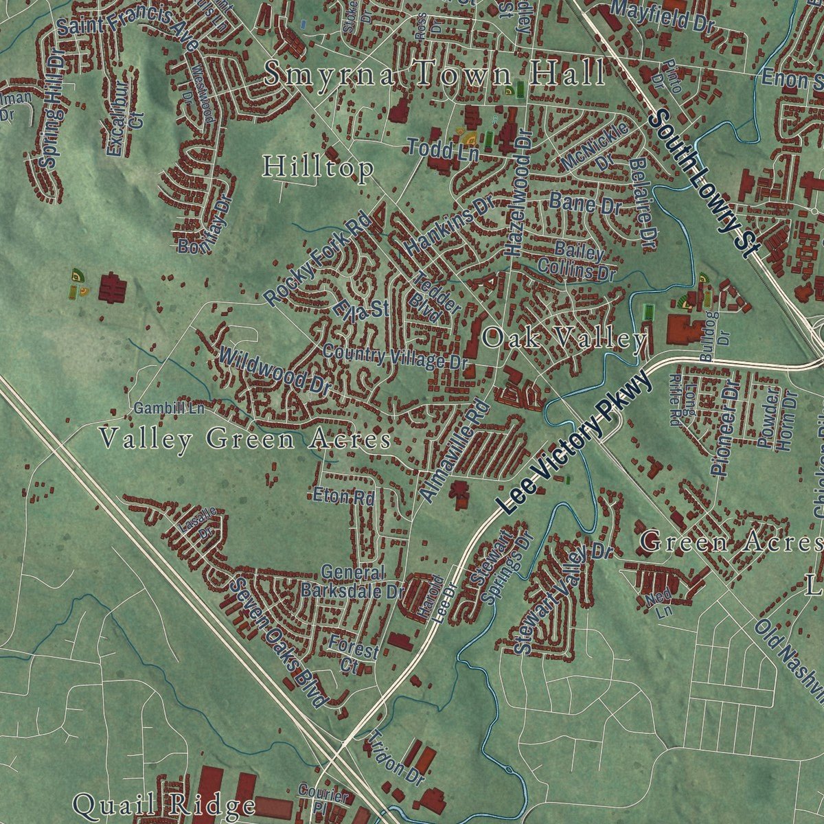 Close-up of the map of Smyrna, Tennessee print showing street and building detail