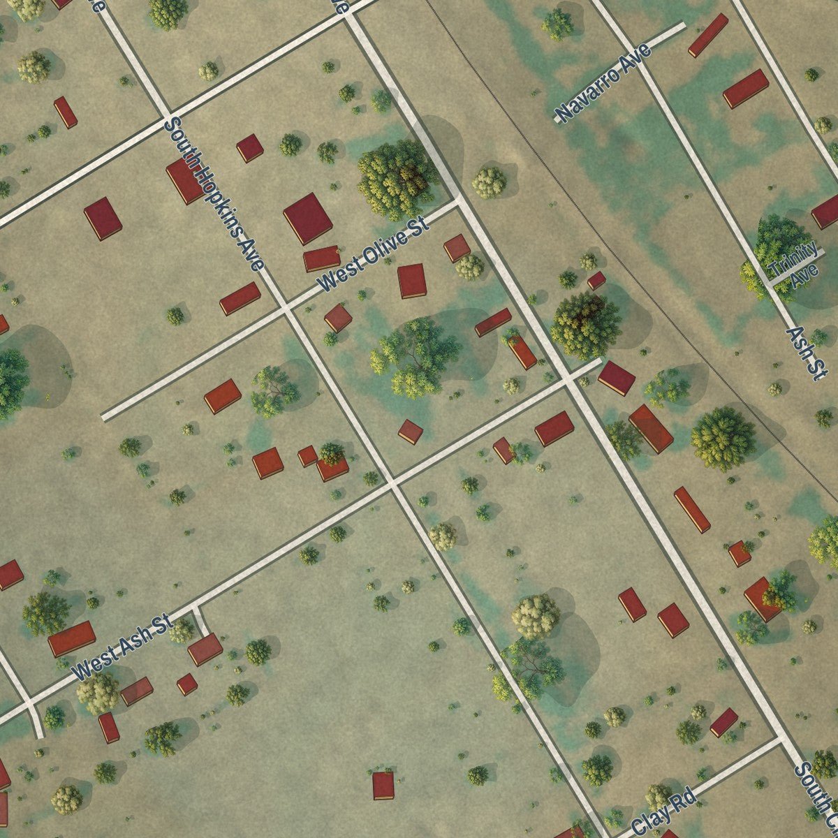 Close-up of the map of Emhouse, Texas print showing street and building detail