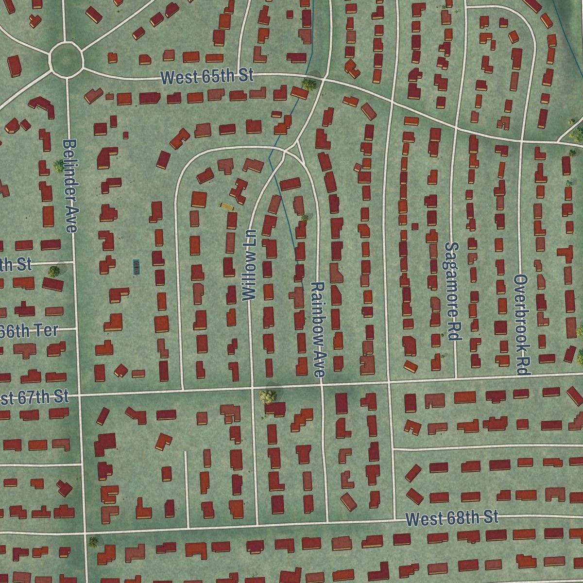 Close-up of the map of Mission Hills, Kansas print showing street and building detail