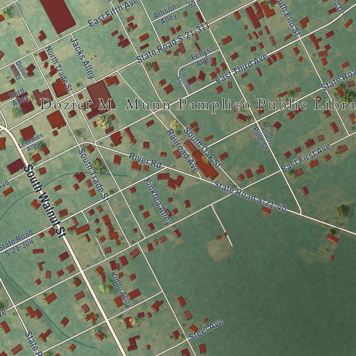 Close-up of the map of Pamplico, South Carolina print showing street and building detail