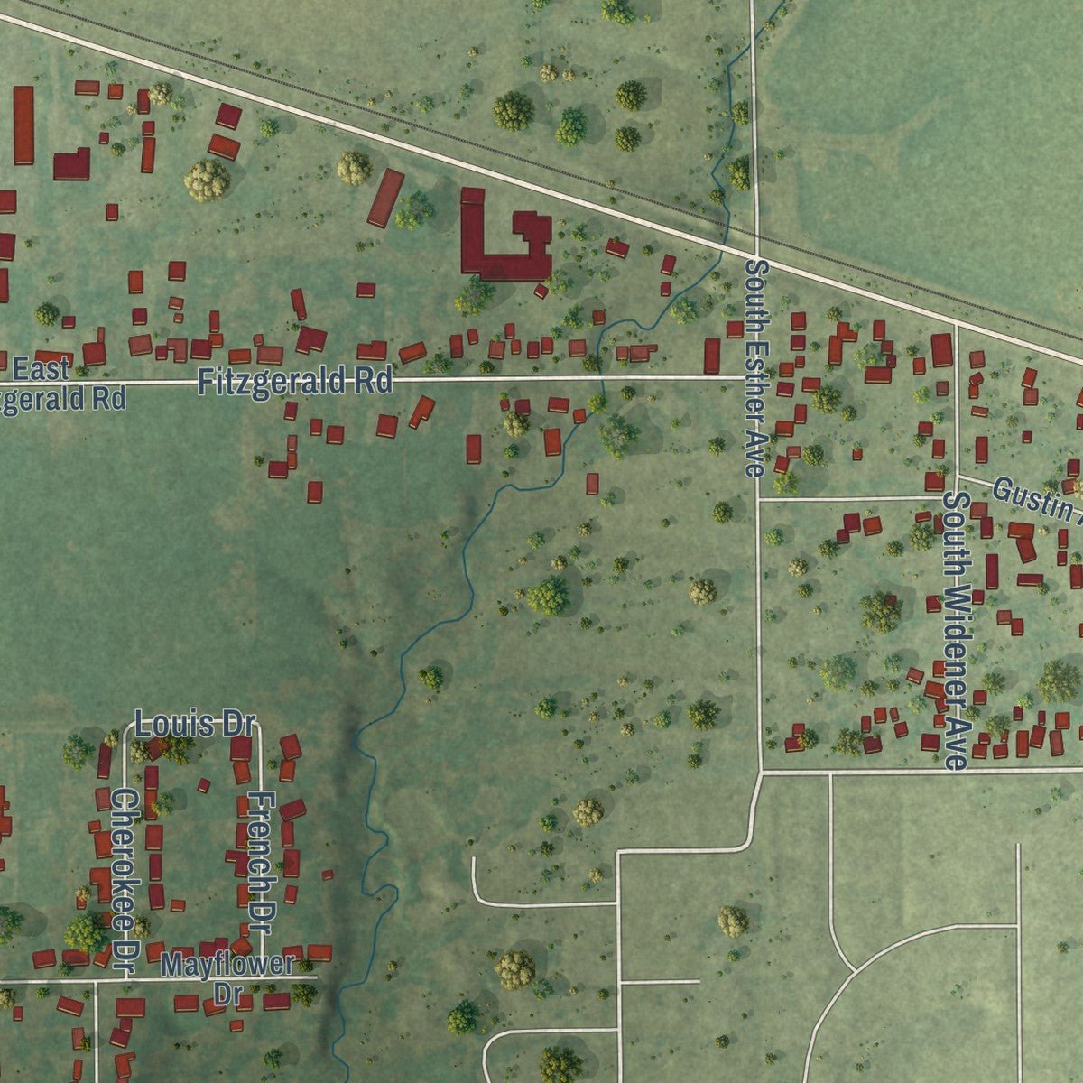 Close-up of the map of Long Creek, Illinois print showing street and building detail